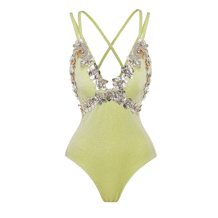 Green Glittering Floral Applique Backless Cutout One-Piece Swimsuit
