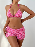 Floral Print Halter Bikini with Boxer Shorts Three-Piece Set