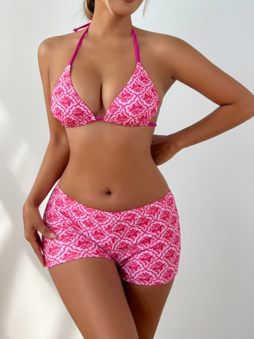 Floral Print Halter Bikini with Boxer Shorts Three-Piece Set