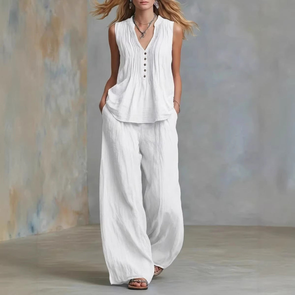 Women Clothing Summer Casual Stylish Solid Color Sleeveless V neck Set