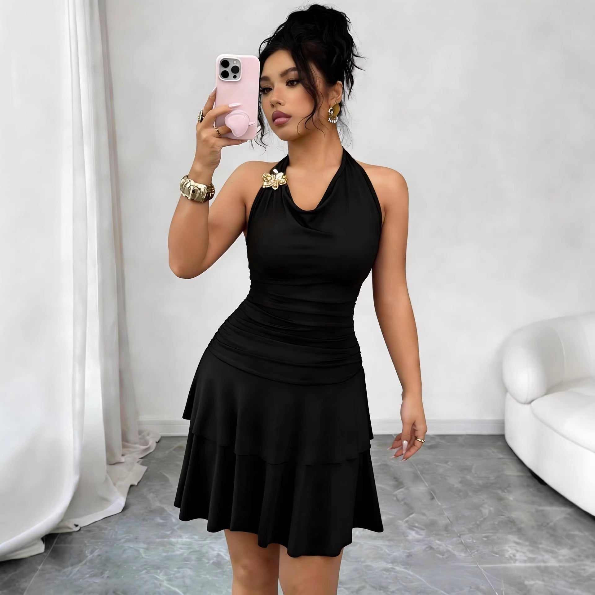 Summer Black Halter Metal Buckle Pleated Slim Fit Sheath Dress