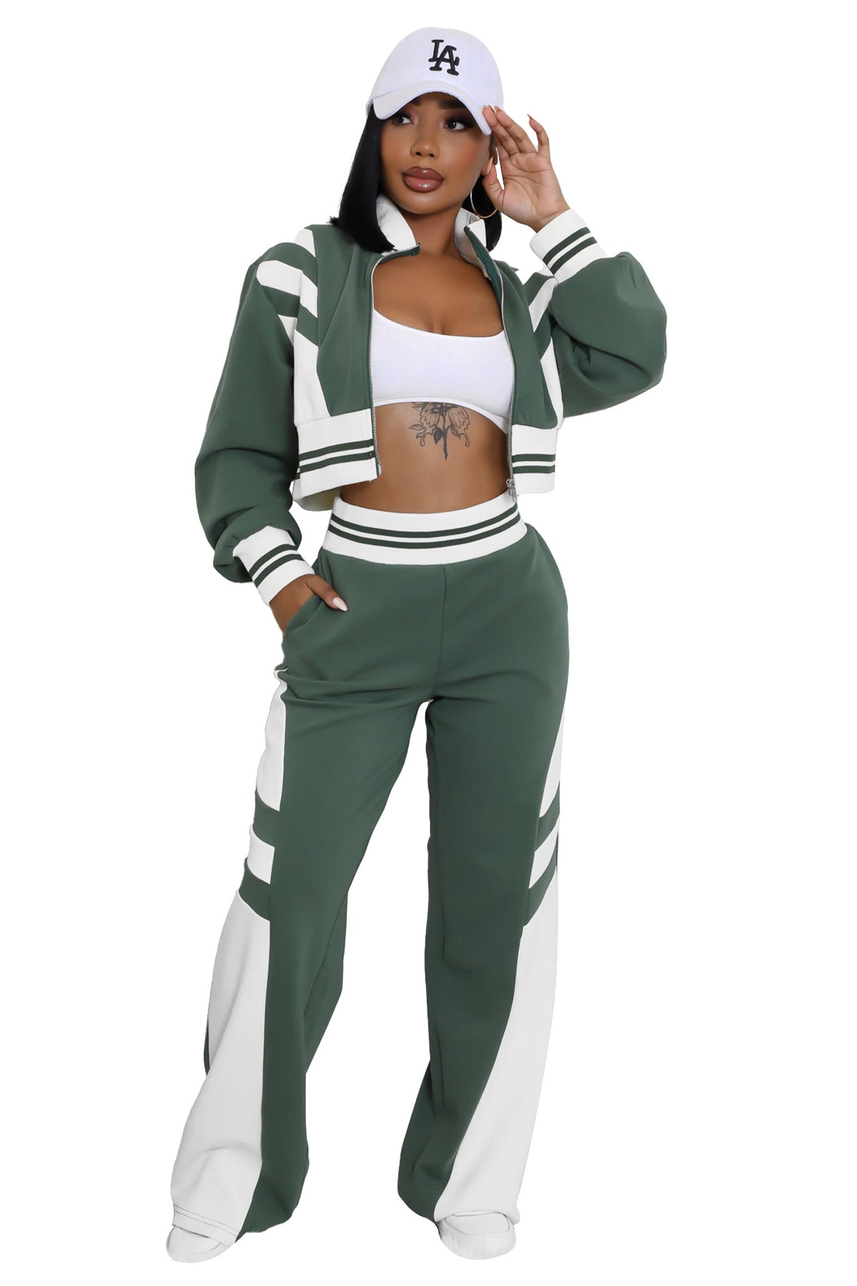 Women's Knit Two Piece Pant Set | Zip Crop Top & Wide Leg