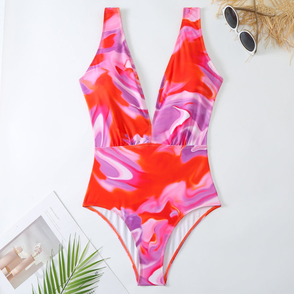 Retro One Piece Swimsuit Women Deep V Plunge Lace up Chiffon Skirt Set