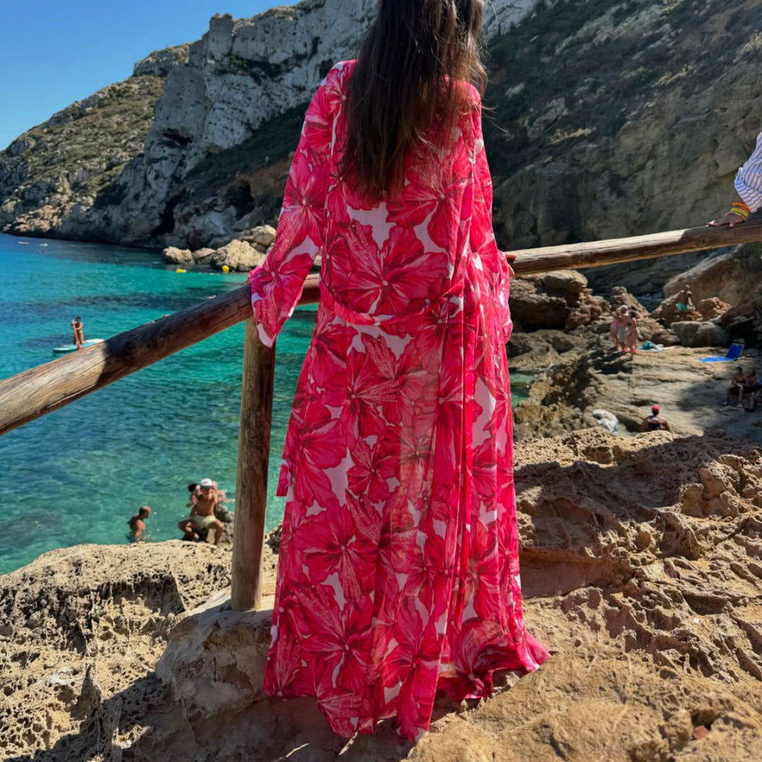 Vintage Floral Print Long Sleeve Blouse Backless Split Swimsuit