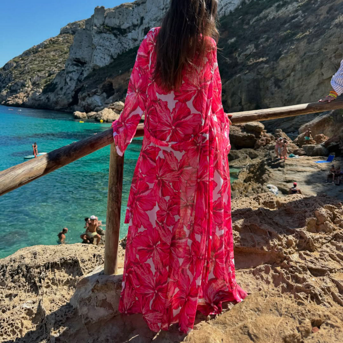 Vintage Floral Print Long Sleeve Blouse Backless Split Swimsuit