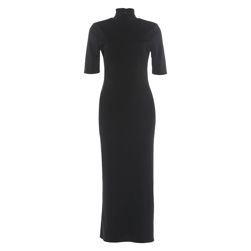 Summer Women Clothing French Half Turtleneck Backless Waist Trimming Dress