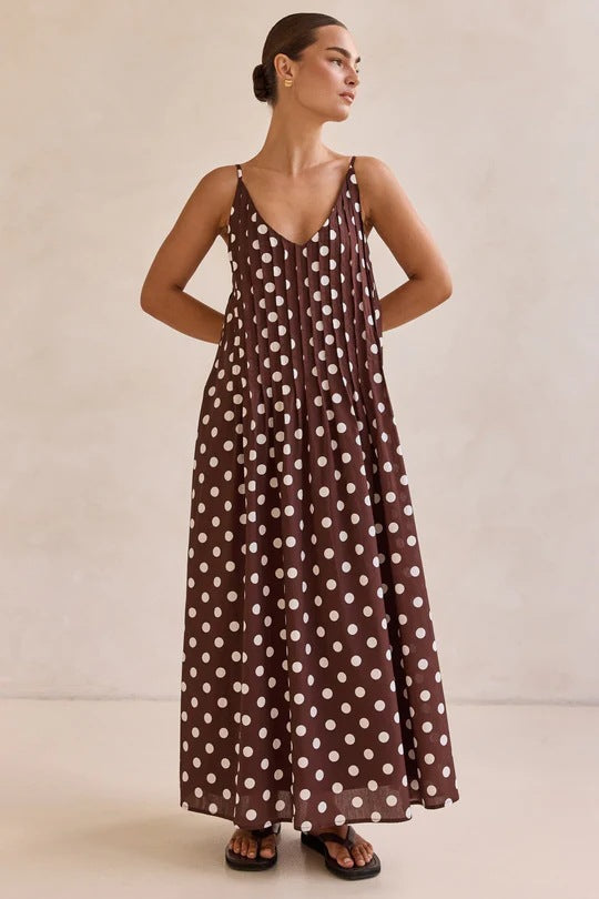 Spring Summer Dress Polka Dot Printed V neck Loose Big Hem Casual Dress