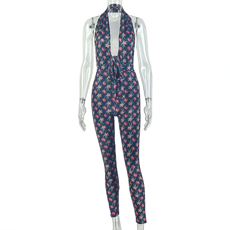 Women Commuting Wear Slim Fit Skinny Jumpsuit Deep V Plunge neck Sleeveless Waist Tight Hip Long Jumpsuit