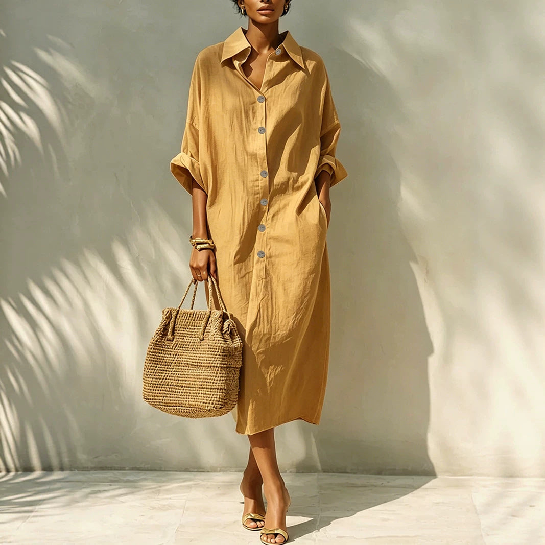 Women Clothing Arrival Loose Solid Color Single Breasted Collared Design Long Sleeve Dress