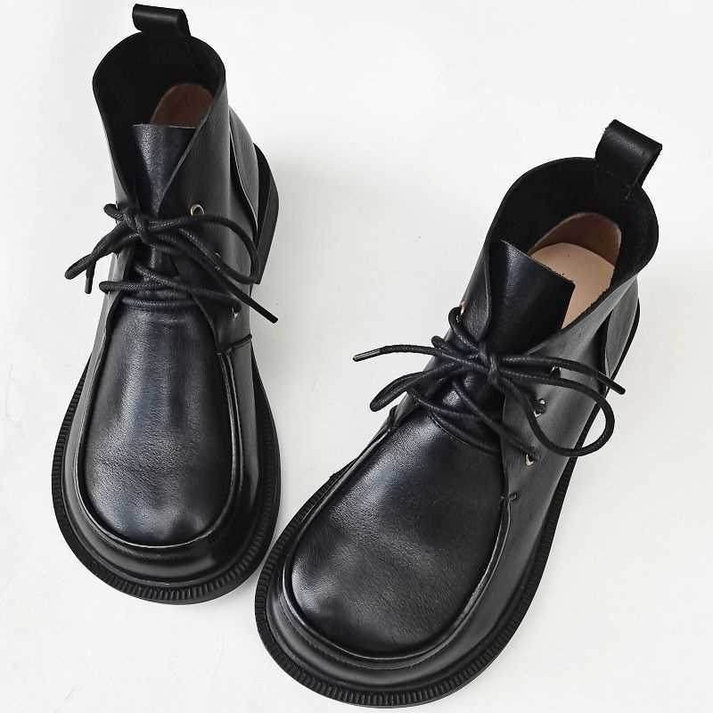 Women's Genuine Leather Chunky Big-Toe Ankle Boots Retro Style - Image 5