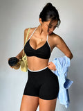 Women's Color Block Two Piece Yoga Set Seamless Halter Top