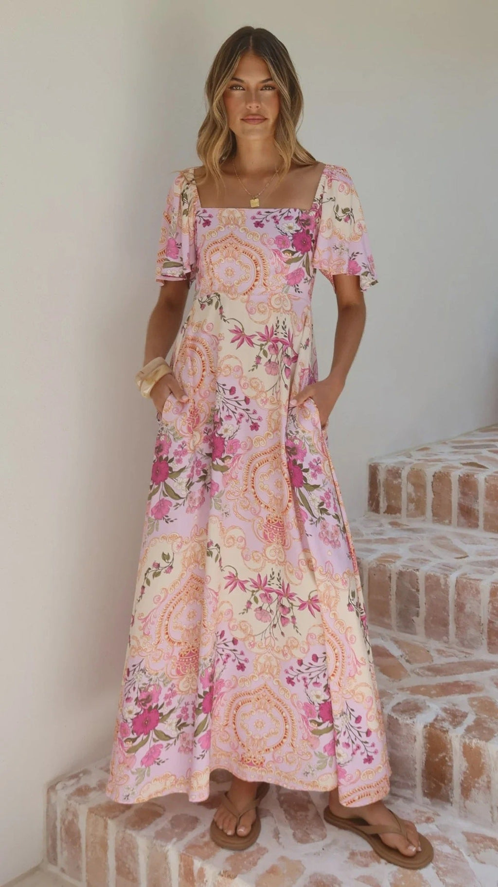 Summer Dress Printed Bell Sleeve High Waist Big Swing French Dress
