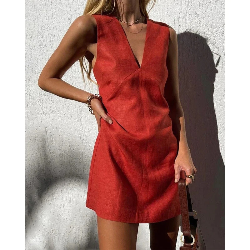 Cotton Linen Dress Women Summer Elegant Generous A line Solid Color V neck Short Vest Dress