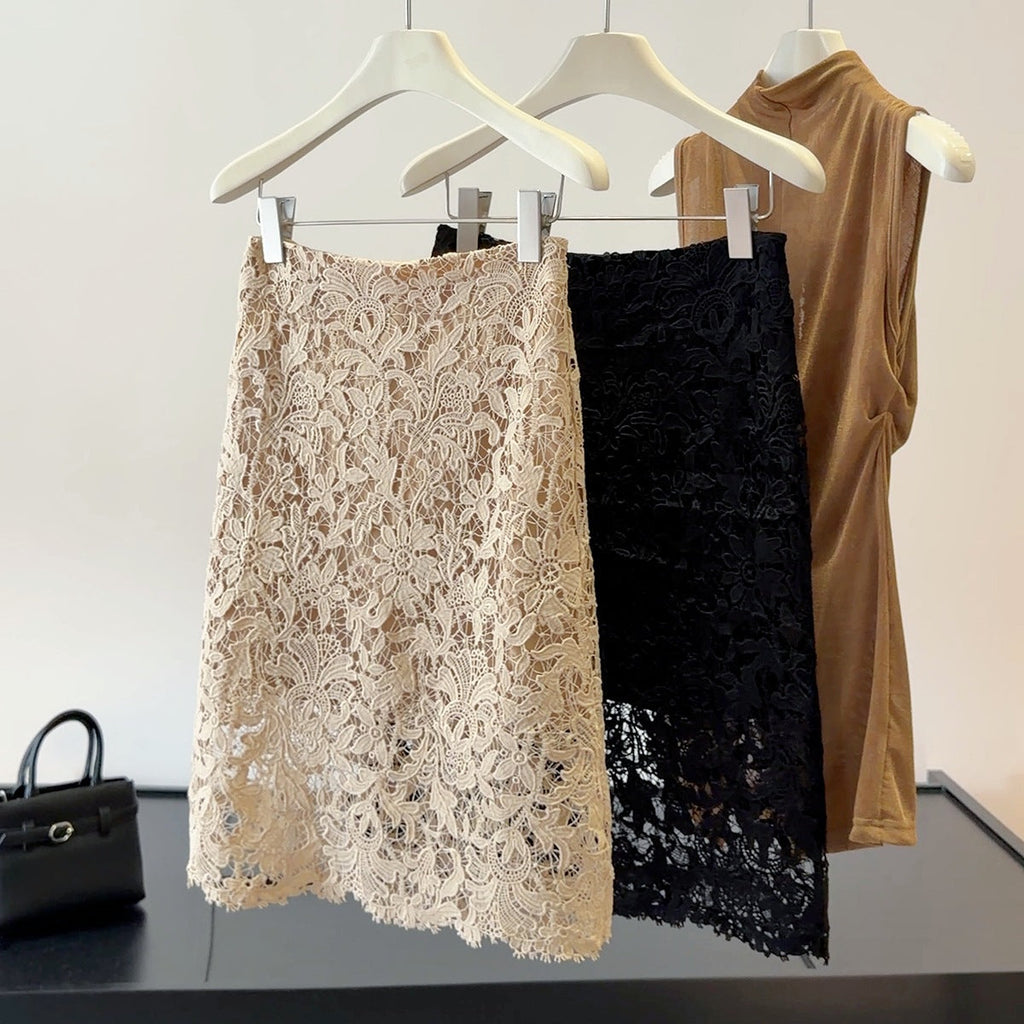 French Lace Hollow Out Cutout out Skirt for Women Summer Wild High Waist Slimming Sheath A line Mid Skirt
