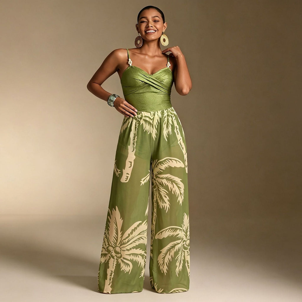 A bohemian-style two-piece sleeveless swimsuit with tropical pattern accents.