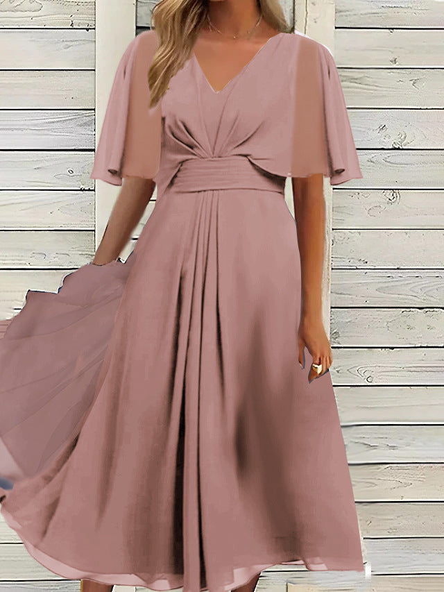 Summer Solid Color V Neck Waist Trimming Casual Swing Dress