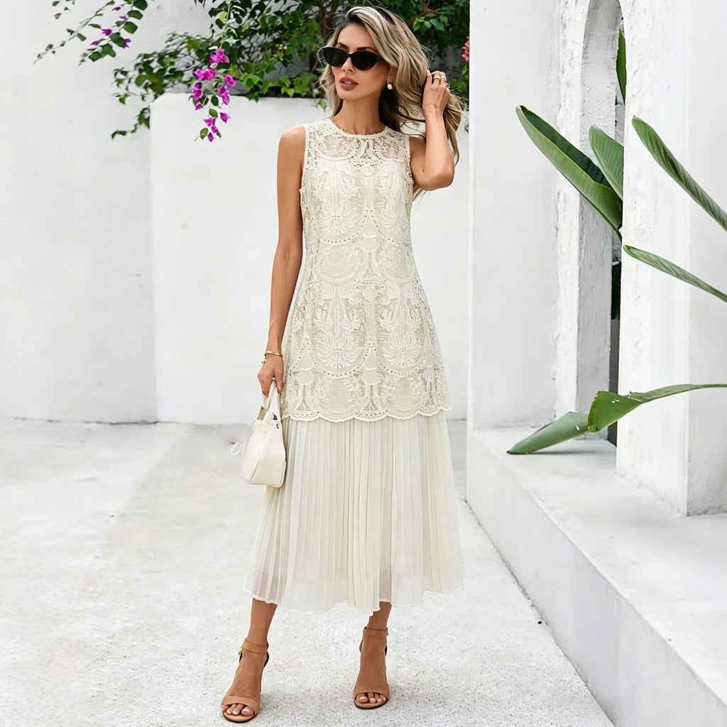 French Heavy Industry Jacquard Embroidery Faux Two Piece Sleeveless Dress Women Niche Design Pleated Midi Dress Summer