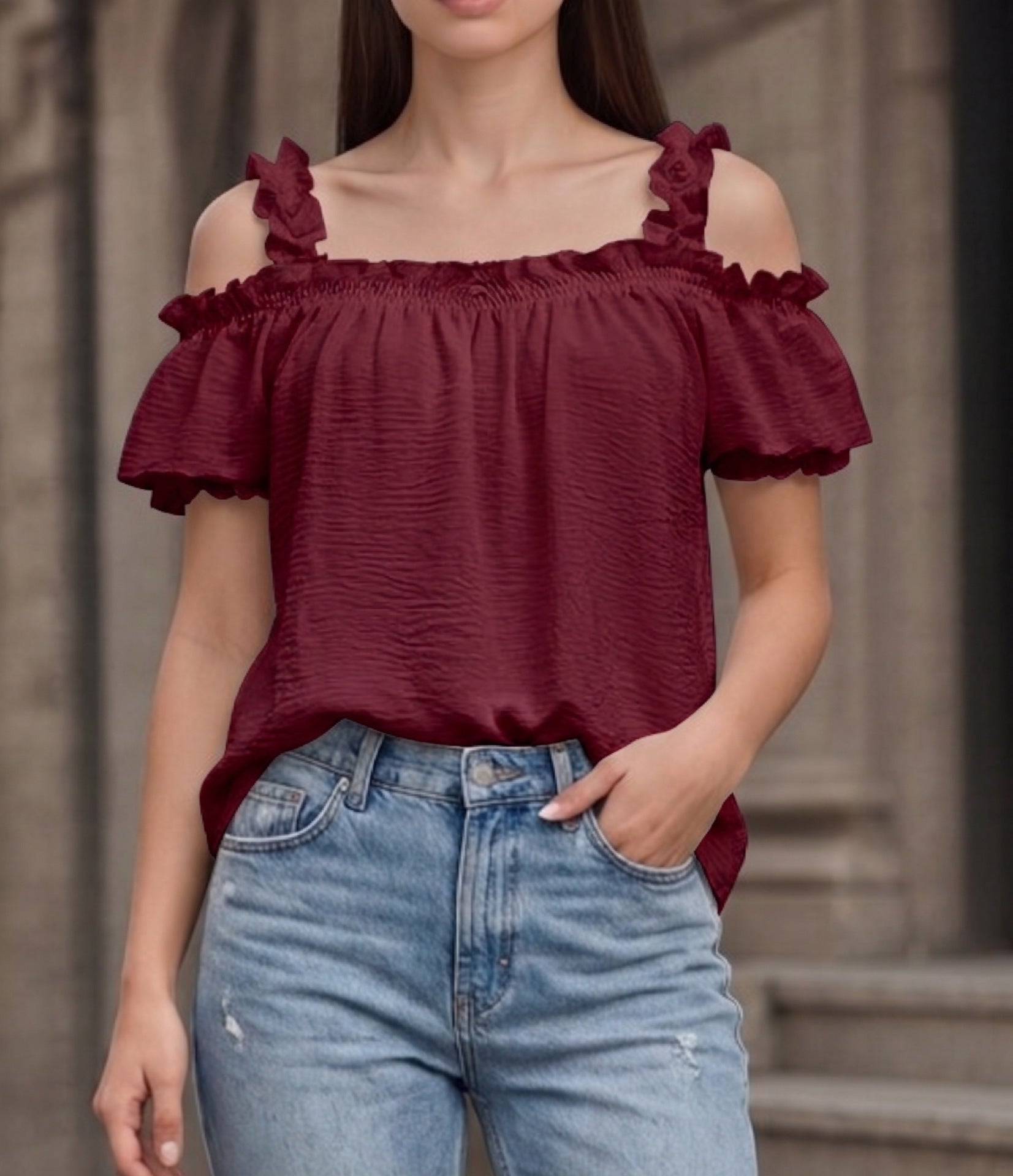 All Match Solid Color V neck Ruffled off the Shoulder Casual Sling Top
