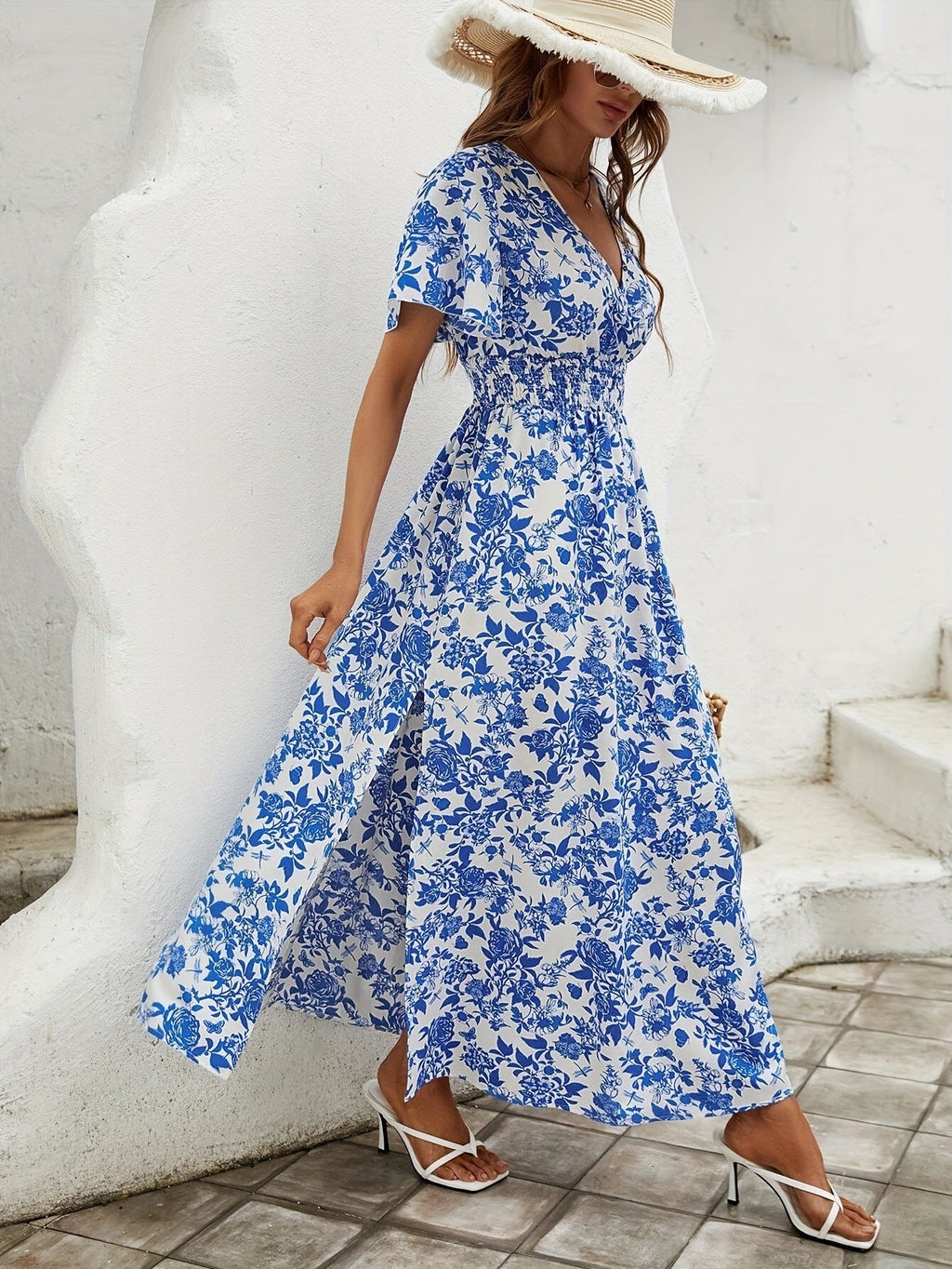Blue V-Neck Flounced Mid-Length Skirt