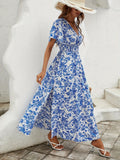 Blue V-Neck Flounced Mid-Length Skirt