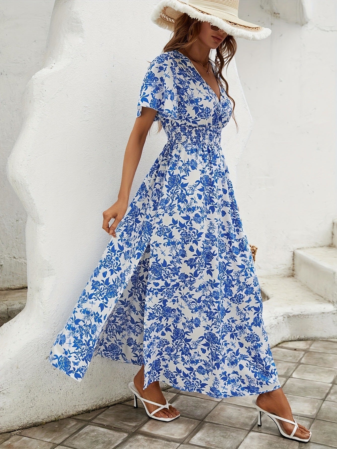 Blue V-Neck Flounced Mid-Length Skirt