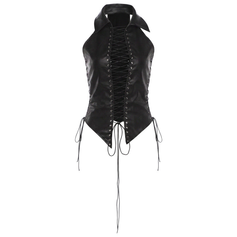 Summer Women Sexy Front Chest Lace up Cutout Cropped Outfit Strap Design Top Skirt Sets