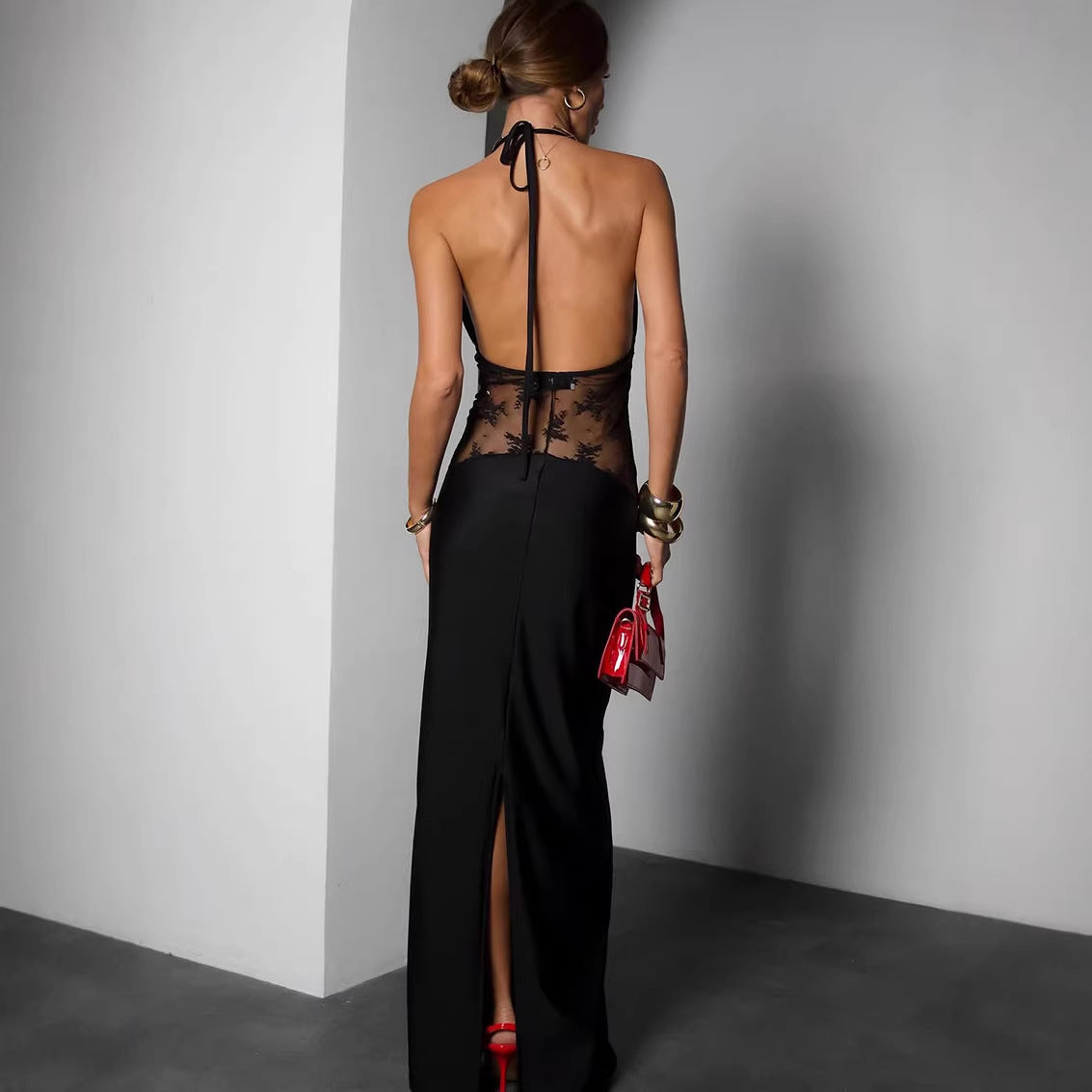 Elegant Black Backless Lace Stitching Halter Sleeveless Dress