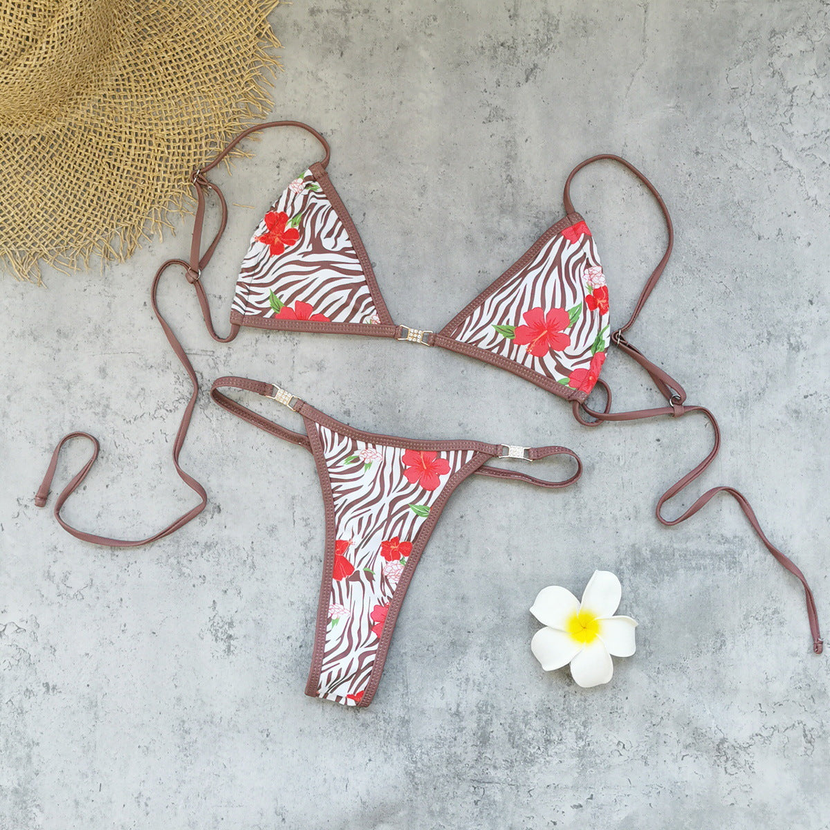 Tropical Animal Print Low Waist Bikini with Tie-Back Details