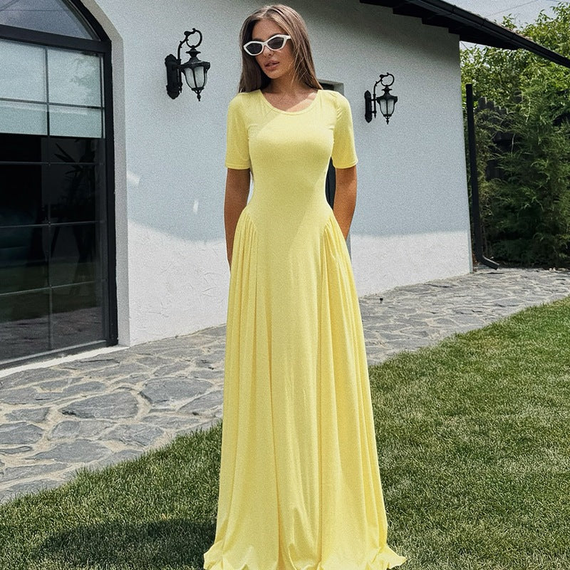 Best Seller in Women Clothing Summer U Collar Slim Solid Color Short Sleeve Dress Women
