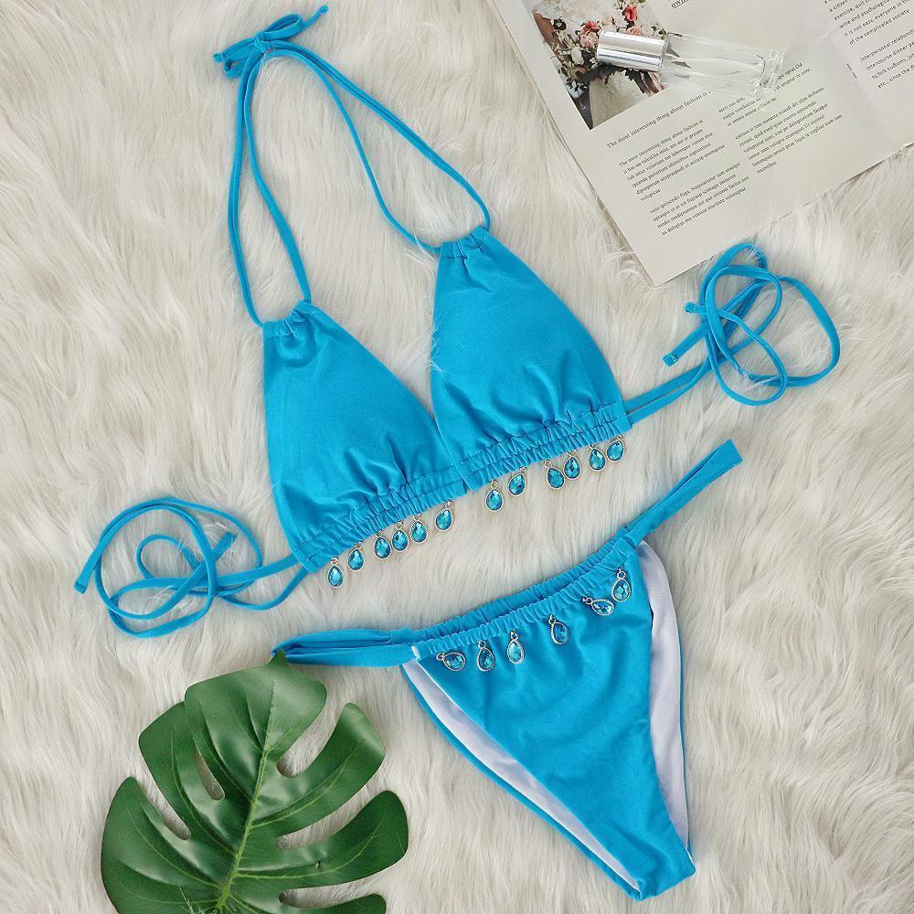 Pink Two Piece Gem Embellished Halter Bikini Sexy Swimsuit