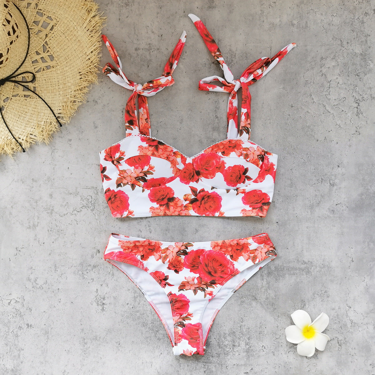 Retro Printed Lace Band Tube Top Slip on Split Swimsuit Women Half Length Mesh Skirt Set Bikini