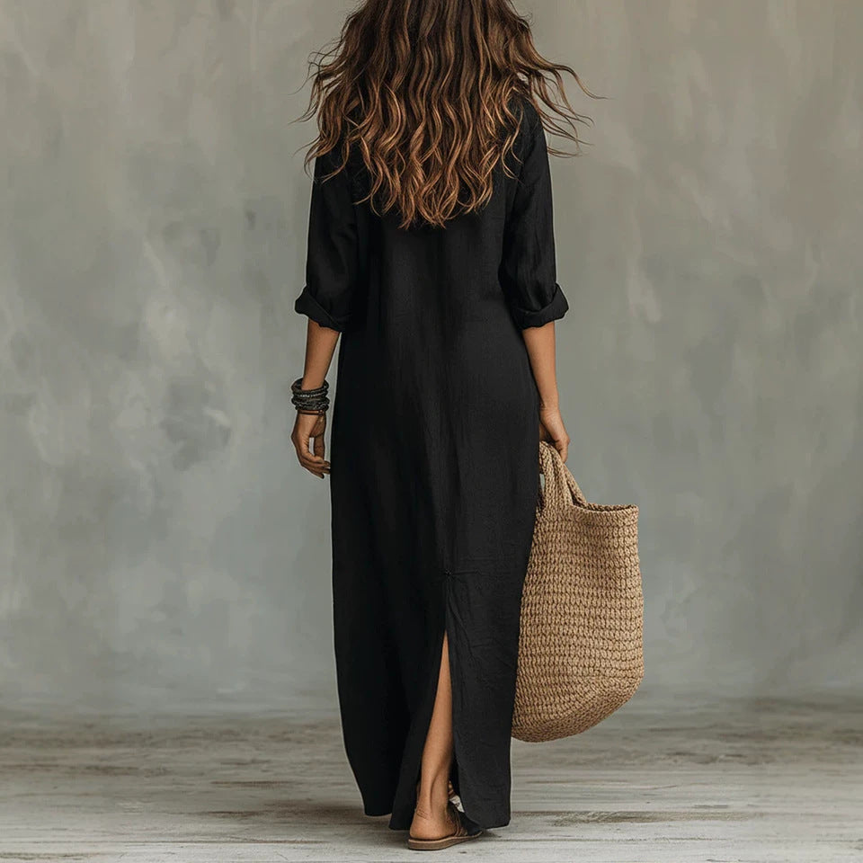 Women Elegant Button Collared Slit Elegant Dress