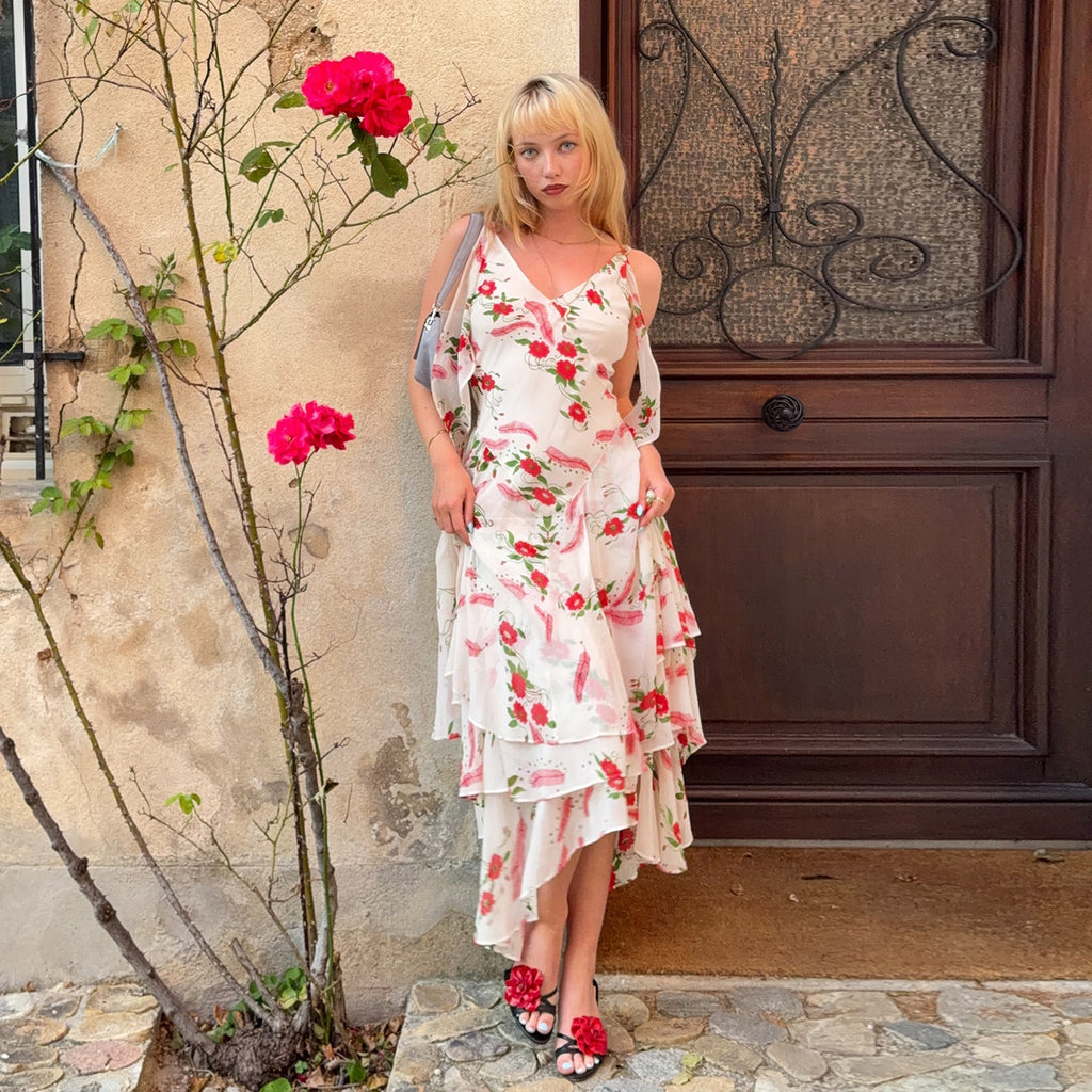 French Elegant Romantic Floral Print Lace up Dress Summer Vacation Irregular Asymmetric Ruffled Dress