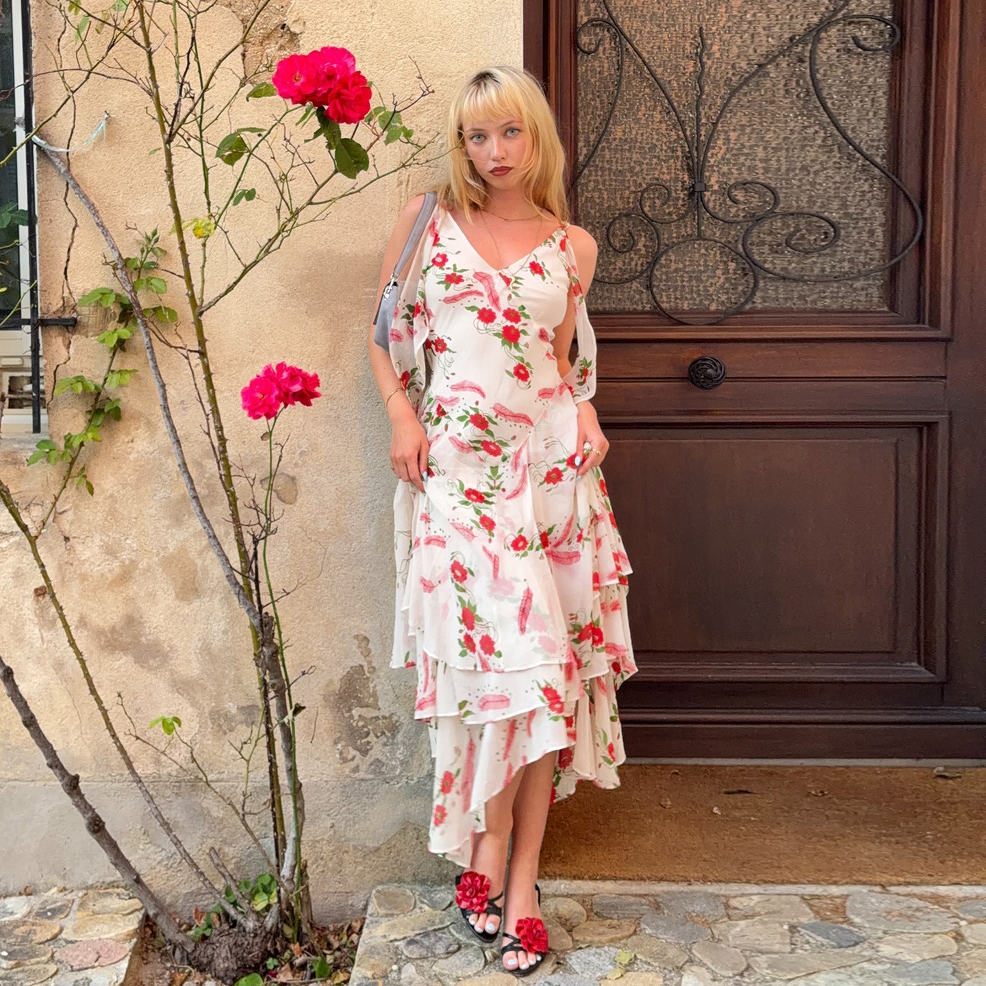 French Elegant Romantic Floral Print Lace up Dress Summer Vacation Irregular Asymmetric Ruffled Dress