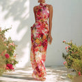 Romantic Halter Floral Print Dress Sleeveless off the Shoulder Waist Fitted Figure Flattering Chiffon Holiday Dress