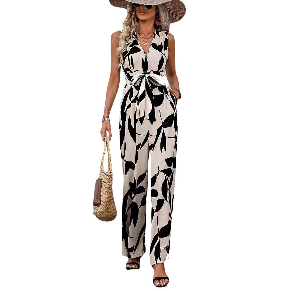 Women's High Waist Wide Leg Jumpsuit Sleeveless Floral Romper
