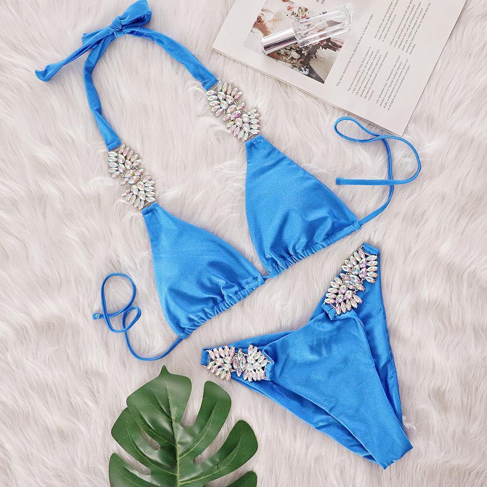 Sexy Solid Color Rhinestone Bandage Bikini Halter Swimsuit