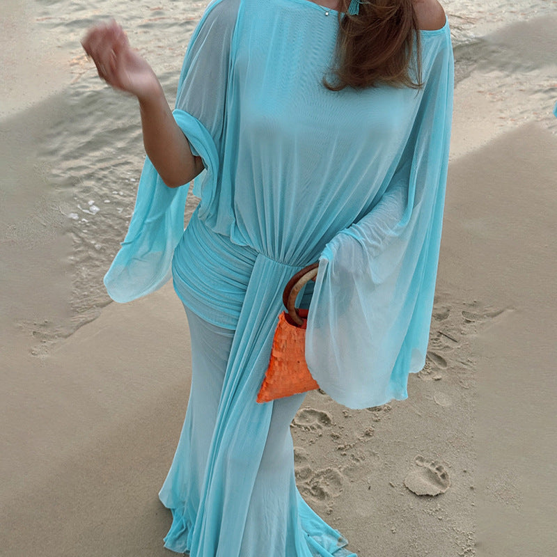 Summer Sexy See through Backless Solid Color Ribbon Dress