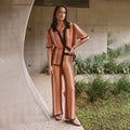 Women's Knitted Stripe Two-Piece Set Short Sleeve Boho Trousers