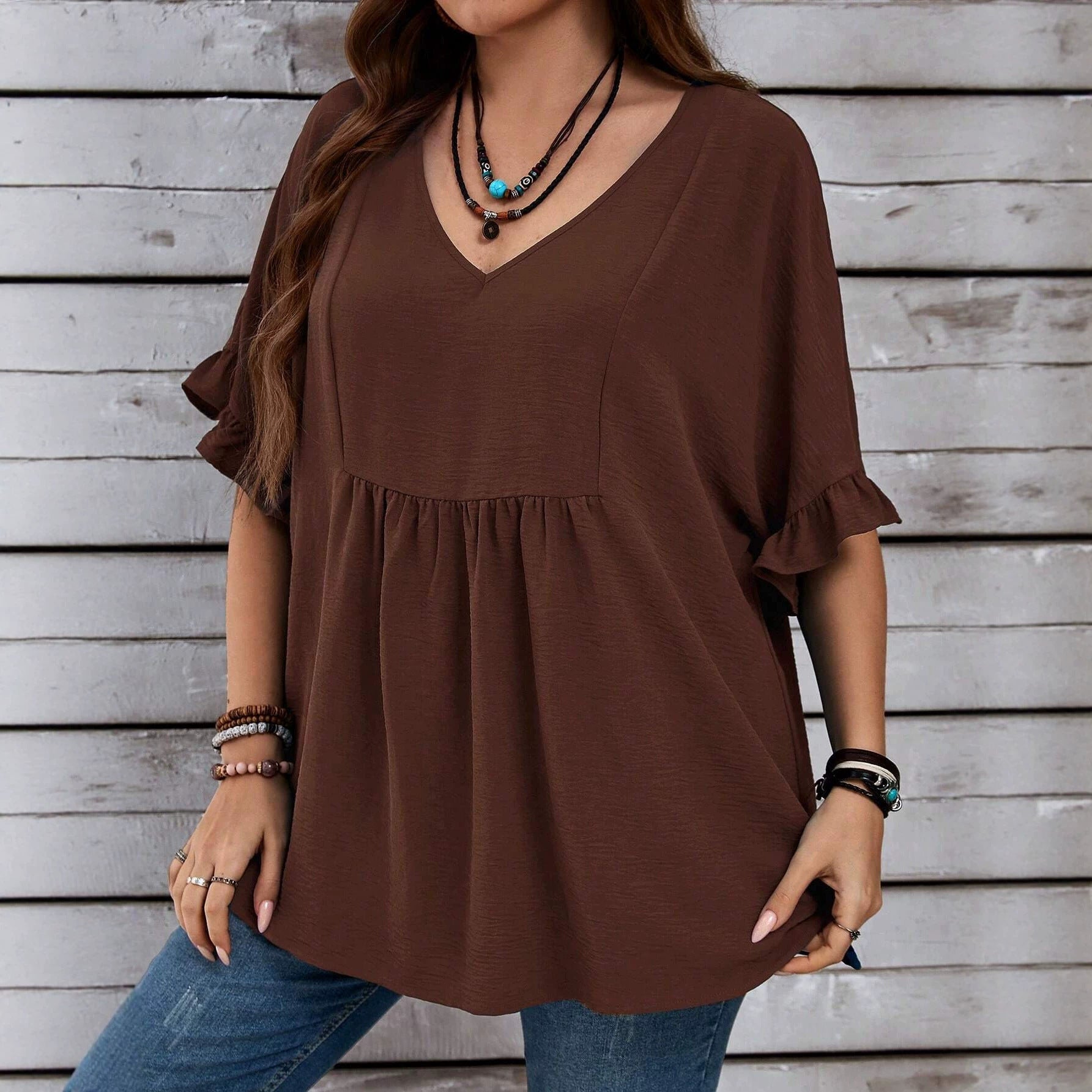 Plus Size Summer Women V neck Solid Color Loose Ruffled High Waist Half Sleeve Top