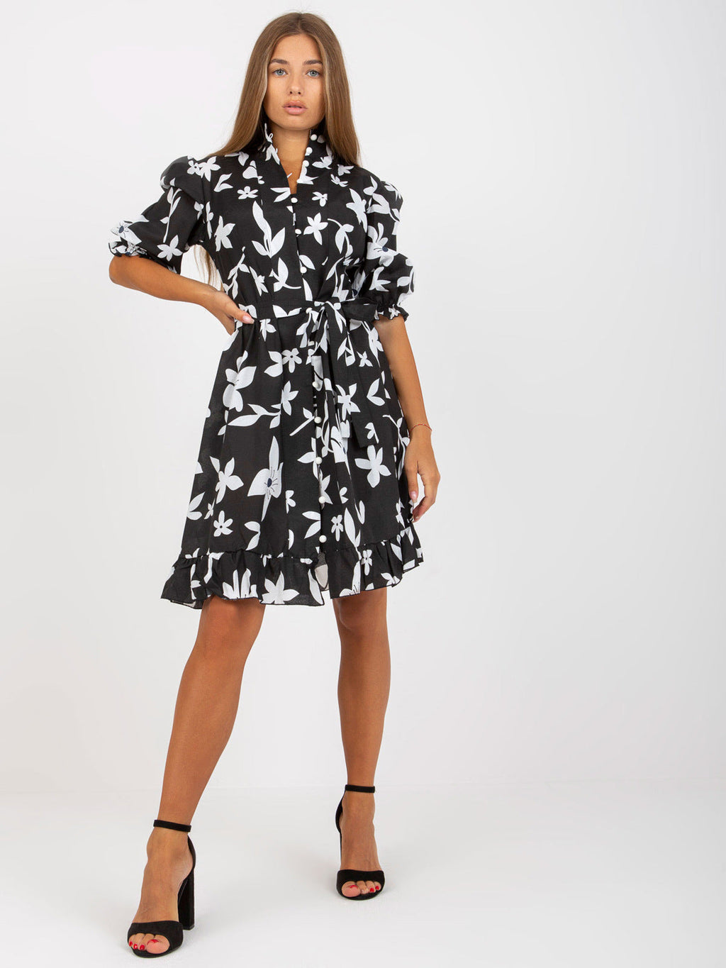 Summer Belt Tight Waist Shirt Bubble Sleeve Printed Dress