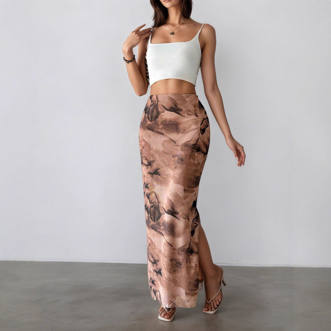 Women Clothing Summer Printed Skirt Sexy Side Split Slimming All-Matching Graceful Long Skirt