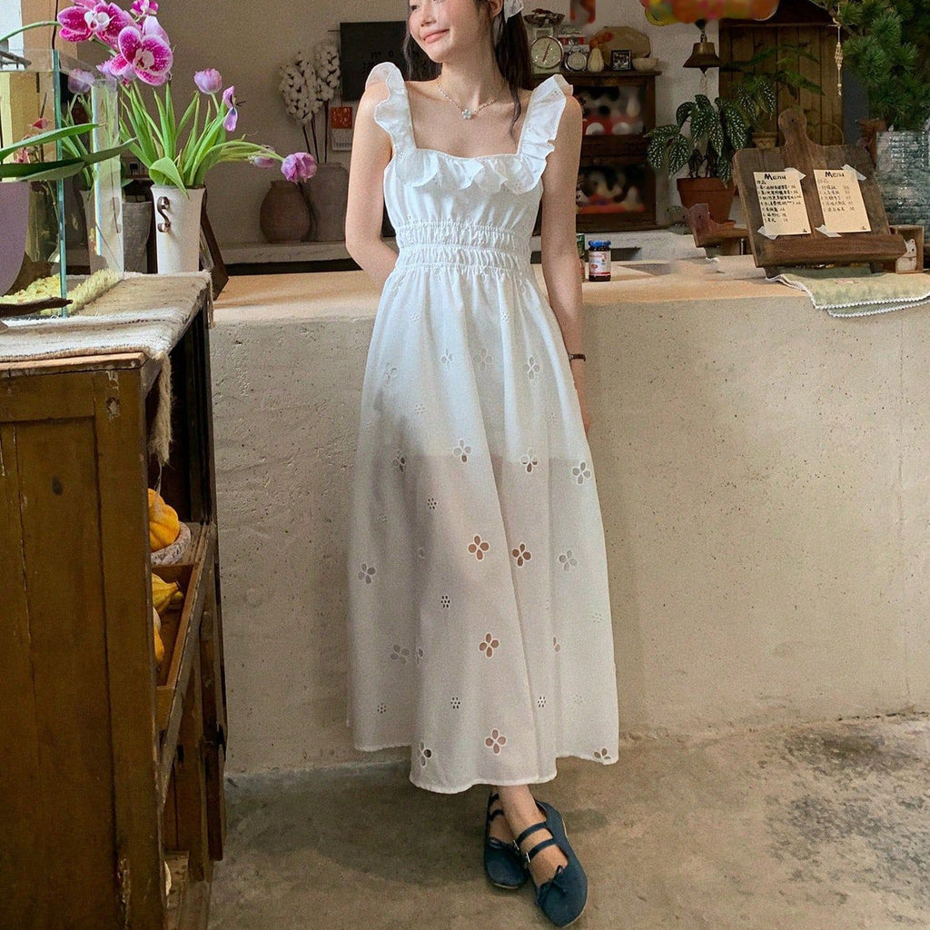 Korean Light Luxury Slim Fit Sweet Design White Dress Waist Slimming Elegant Ruffled Cami Dress