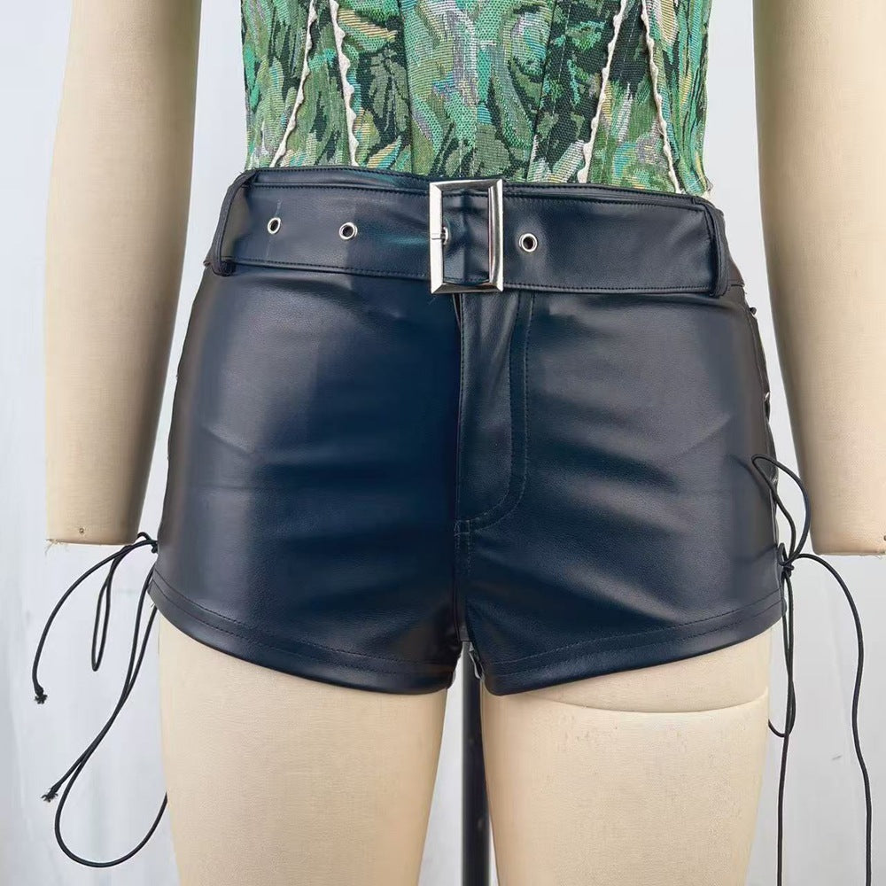 Women Leather Low Waisted Shorts Sexy Sexy Belt Corns Lace up Pants