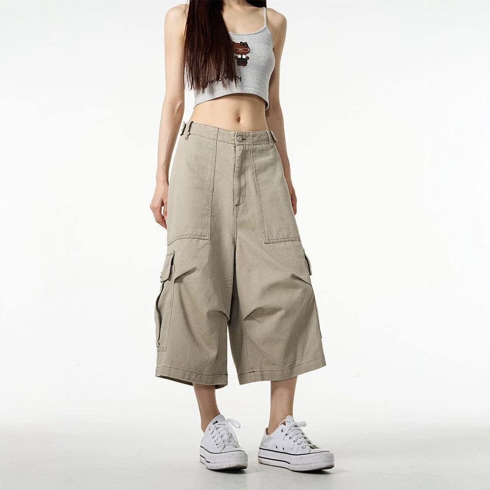 Retro Workwear with Pocket Women Loose Straight Wide Leg Jeans