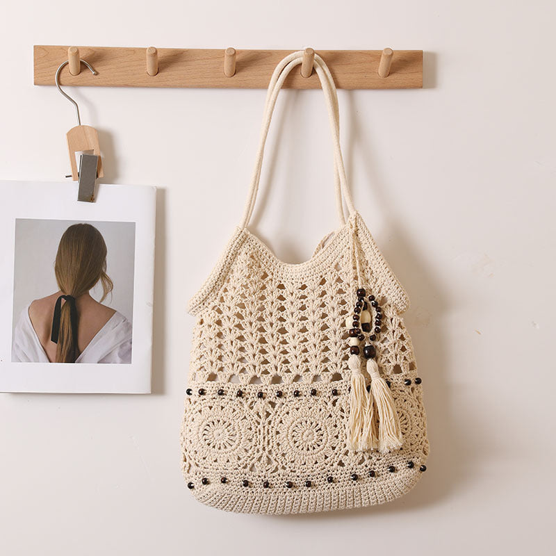 Woven Cotton Shoulder Bag with Wooden Beads and Tassel Detail - Image 3