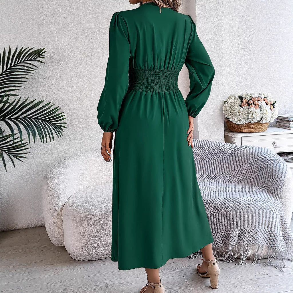 Women Clothing Spring Summer Solid Color V neck Long Sleeve Sexy Slit Dress