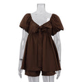 Casual Women Summer V neck Puff Sleeve Lace up Top Loose Shorts Two Piece Sets