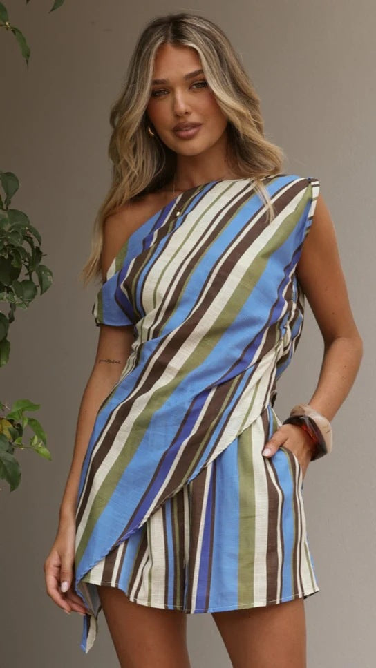 Summer Printed Shoulder Personal Casual Top Loose Shorts Two Piece Sets
