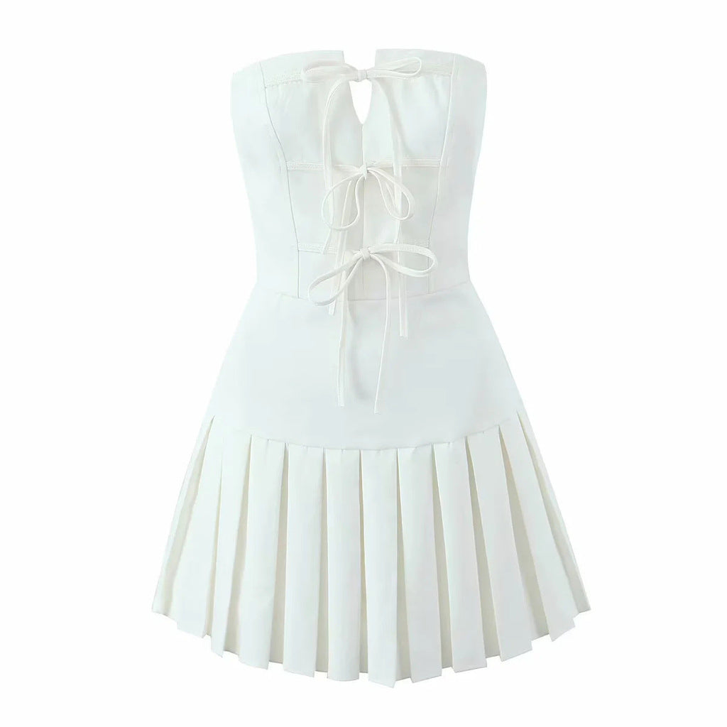Summer Sexy Bow Lace up Cutout Tube Top A line Pleated Dress